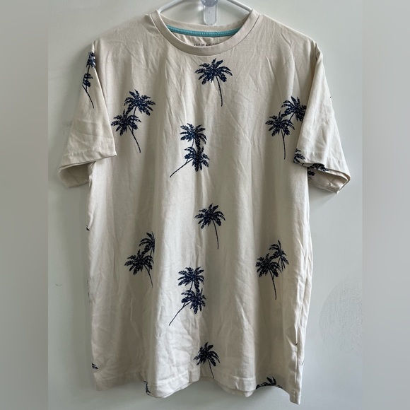 Denim & Flower Other - 🔵 Denim & Flower Beige Shirt with Navy Palm Print🏝️ Size:L